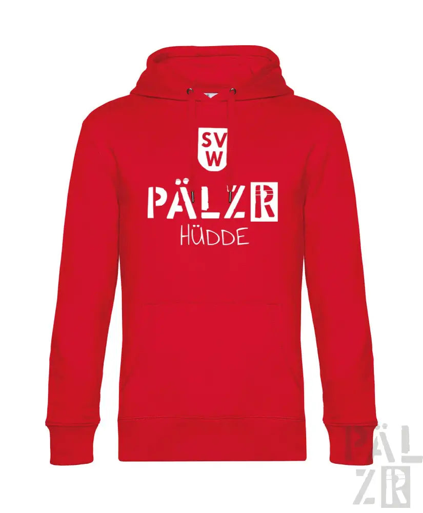 Rote Kapuzenjacke mit weißem Logo und Textdesign, Material einer Kapuzen-Sweatshirt.