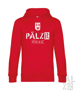 Rote Kapuzenjacke mit weißem Logo und Textdesign, Material einer Kapuzen-Sweatshirt.