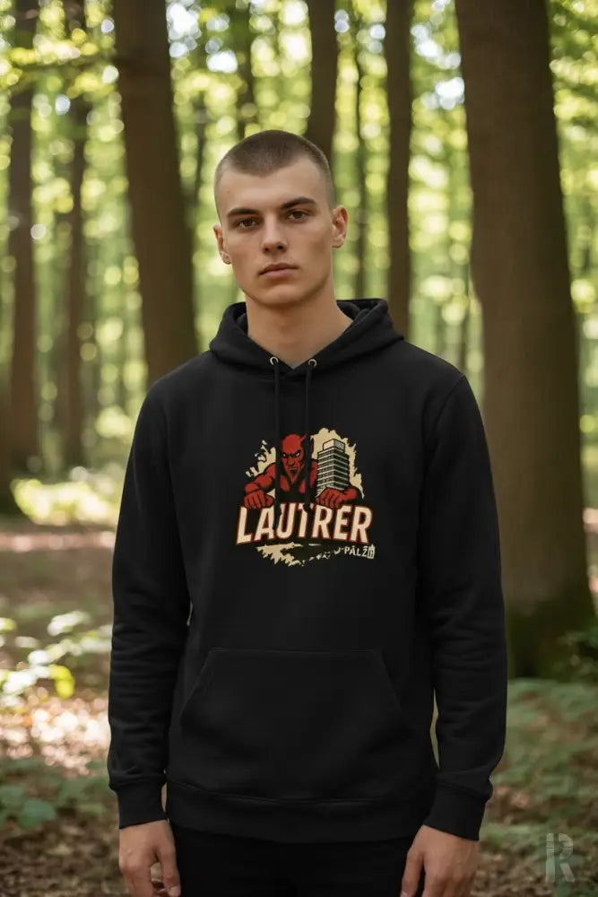 Schwarze Kapuzenjacke mit ’lautrer’ Grafikdesign, das eine Figur und Gebäude zeigt.