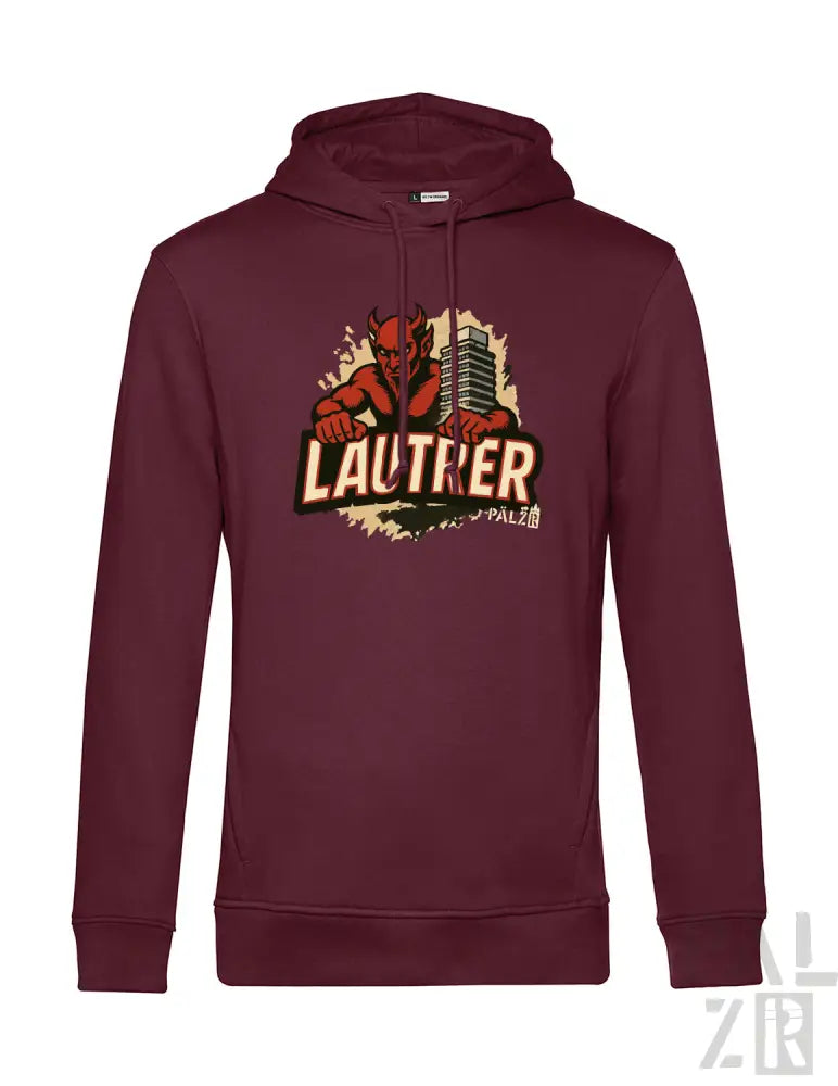 Bordeaux-Farbenes Hoodie mit Teufel-Design und ’Lautner’-Text, aus Baumwolle gefertigt.