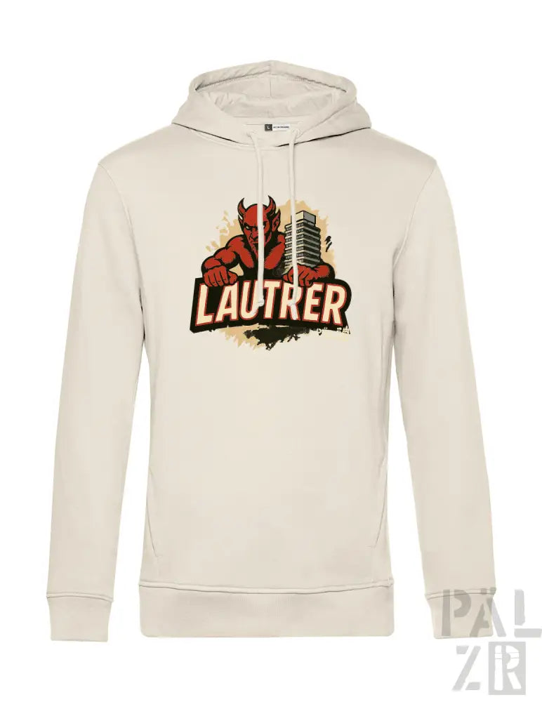 Cremeweißer Hoodie mit Teufel-Design und ’lautrer’-Text.