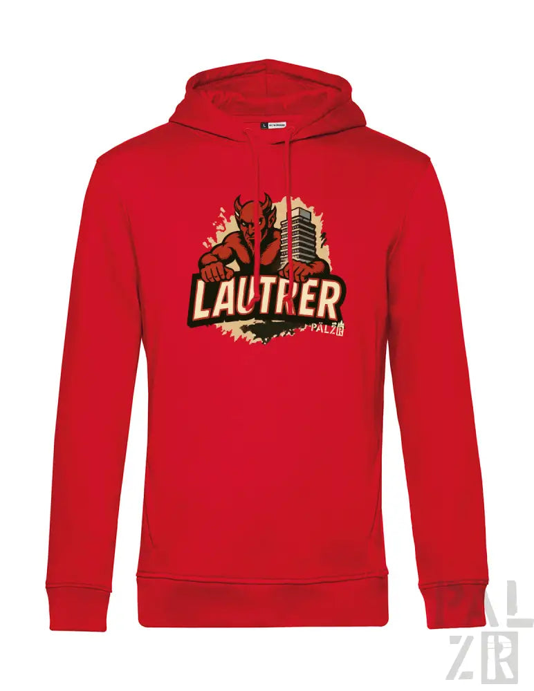 Rote Kapuzenjacke mit ’lautrer’ Grafikdesign, das einen Bären und ein Gebäude zeigt, aus Fleece-Material gefertigt.