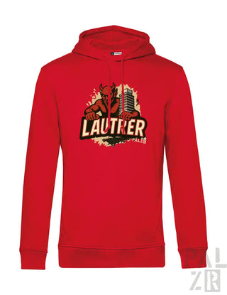 Rote Kapuzenjacke mit ’lautrer’ Grafikdesign, das einen Bären und ein Gebäude zeigt, aus Fleece-Material gefertigt.