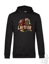 Schwarze Kapuzenjacke mit rotem Teufel-Design und ’lautner’-Text.