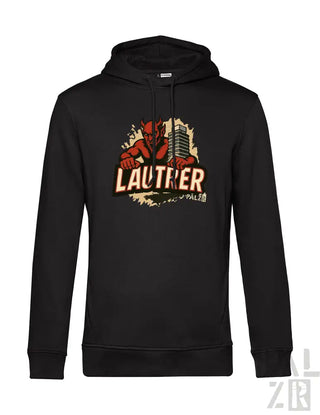 Schwarze Kapuzenjacke mit rotem Teufel-Design und ’lautner’-Text.