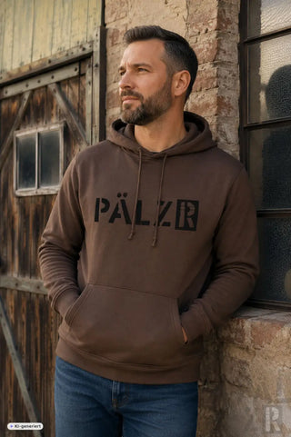 Brauner pälzr hoodie für männer mit schwarzen buchstaben und kordeln aus pälzr originals kollektion