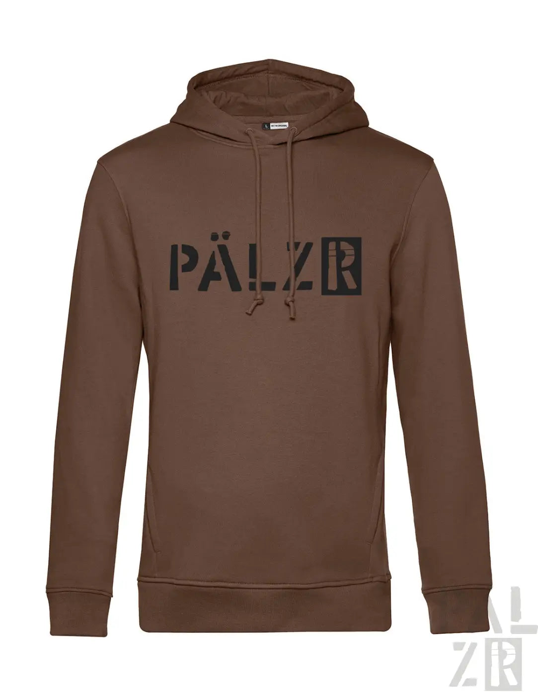 Brauner pälzr hoodie aus baumwolle mit schwarzer schrift und passenden kordeln für männer von pälzr originals