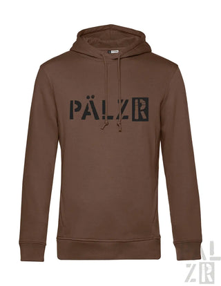 Brauner pälzr hoodie aus baumwolle mit schwarzer schrift und passenden kordeln für männer von pälzr originals