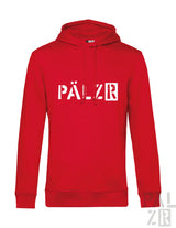 Männer hoodie von pälzr originals in rot mit weißer schrift auf der brust verschiedene farben erhältlich