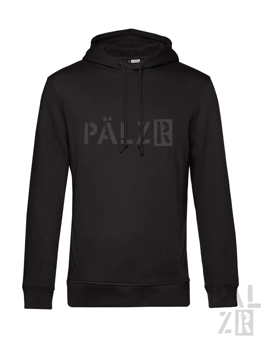 Schwarzer pälzr hoodie männer mit dezentem grauem logo auf der brust aus hochwertigen materialien