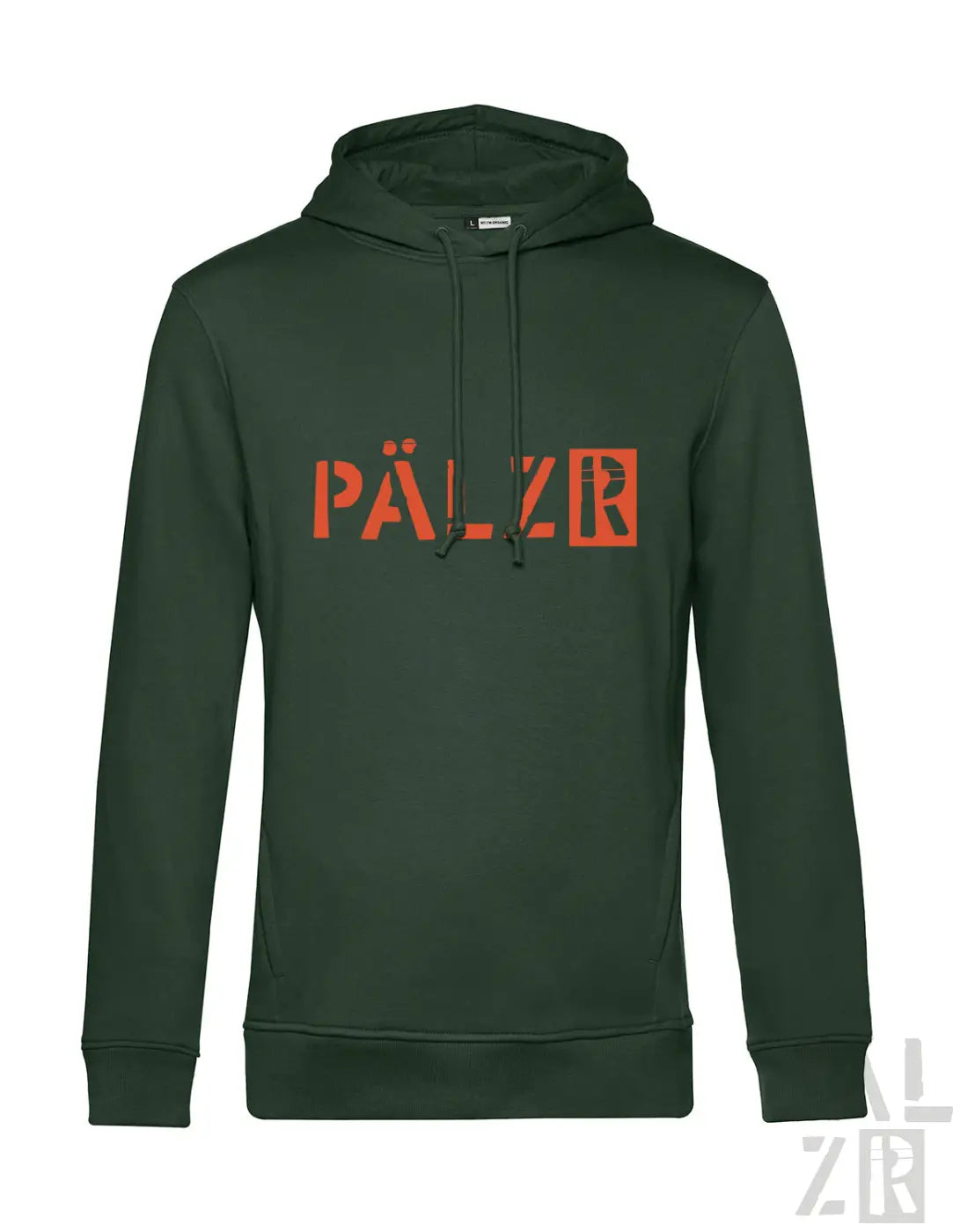 Dunkelgrüner pärlz hoodie für männer mit kräftiger oranger schrift auf der brust aus verschiedenen farben