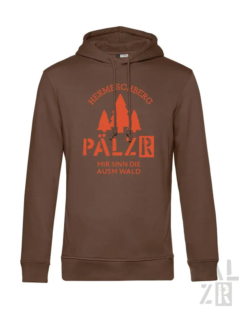 Braune Kapuzenjacke mit orangefarbenem ’palzb’-Design und Bäumen, wahrscheinlich aus Baumwolle oder Polyester-Mischung.