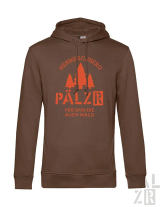 Braune Kapuzenjacke mit orangefarbenem ’palzb’-Design und Bäumen, wahrscheinlich aus Baumwolle oder Polyester-Mischung.