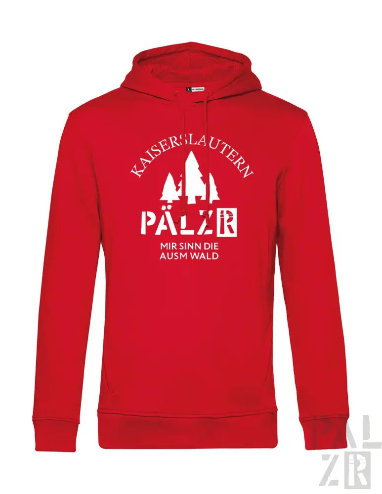 Rotes Hoodie mit weißem Text und Design mit Bäumen, ’kaiser-lautern’ und dem Spruch ’mir sinn die ausm wald’