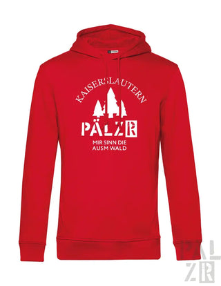 Rotes Hoodie mit weißem Text und Design mit Bäumen, ’kaiser-lautern’ und dem Spruch ’mir sinn die ausm wald’