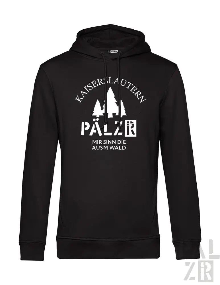 Schwarze Kapuzenjacke mit weißem Text und Design, mit dem Slogan ’kaiserlautern pälzer’.