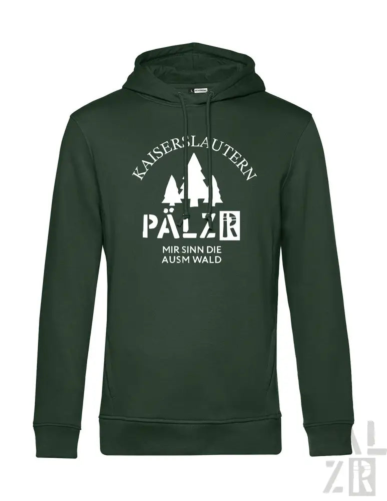 Dunkelgrüner Kapuzen-Sweatshirt mit weißem Text und Design mit Bäumen, ’kaiser lautern pälzer’ und dem Spruch ’mir sinn die ausm wald.’