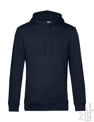 Marineblaue Kapuzenjacke mit Kordelzugkappe und gerippten Bündchen, aus weichem Baumwollmischgewebe.