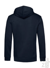 Marineblaue Kapuzenjacke mit Kordelzug-Kapuze und gerippten Bündchen, aus weichem Baumwollstoff gefertigt.