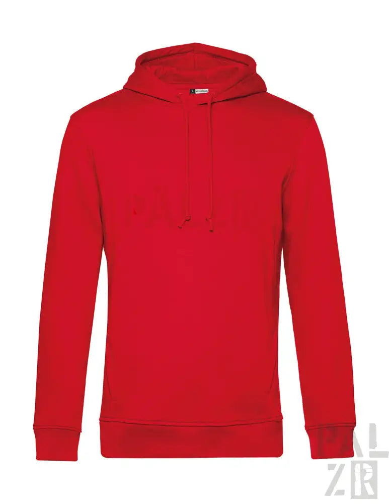 Rote Kapuzenjacke mit Kapuze und Kordelzug, aus Fleece-Material gefertigt.