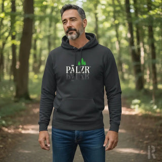 Dunkelgrauer Hoodie mit ’pälzr’-Logo und grünem Baumdesign.