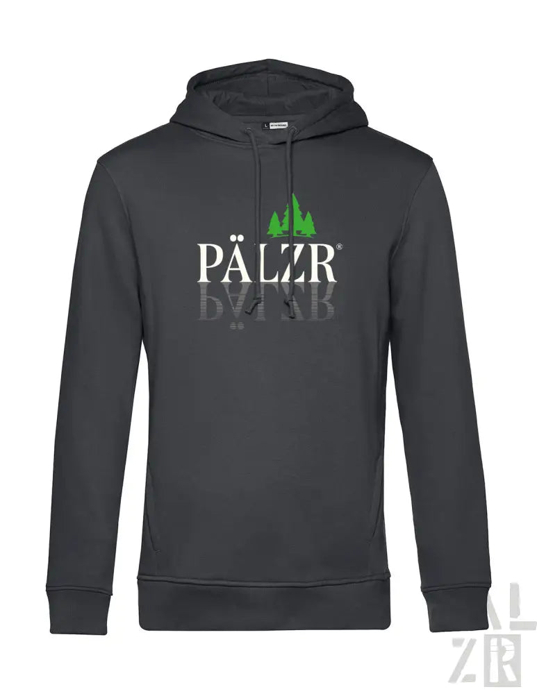Dunkelgraue Kapuzenjacke mit ‚pälzr‘-Logo und grünem Bergdesign.