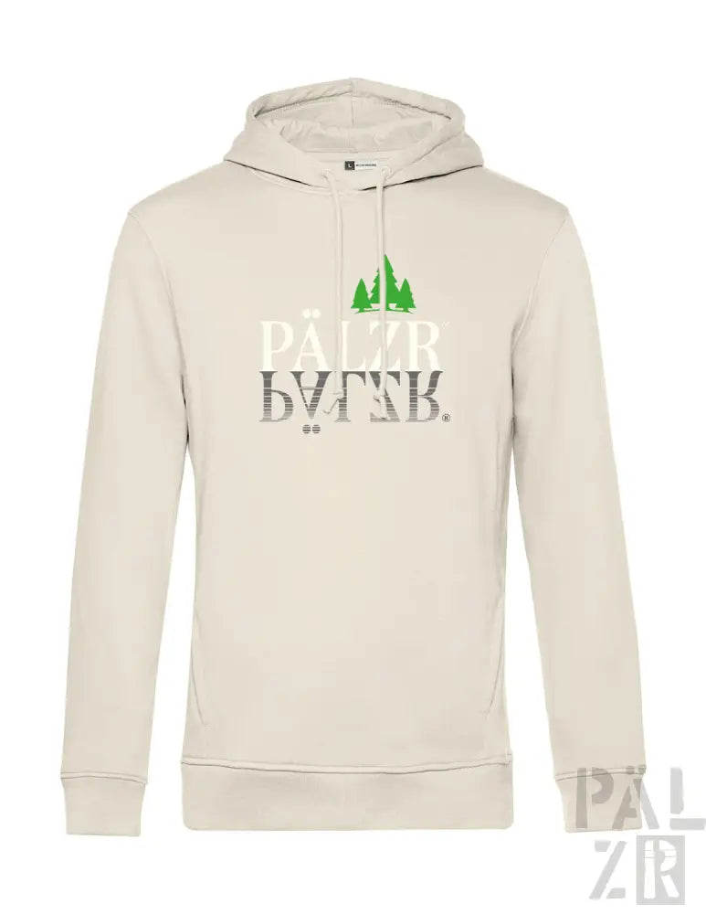 Creme-farbene Hoodie mit grünem Baum-Design und „pälzb“-Text.