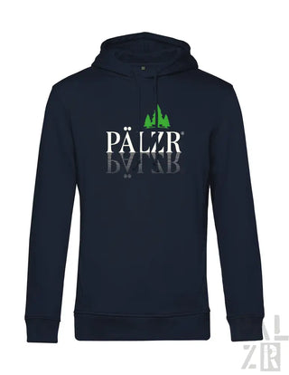 Marineblaue Kapuzenjacke mit ’pälzr’-Logo und grünem Baum-Design.