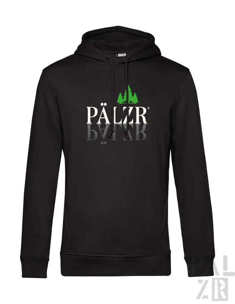 Schwarzer Hoodie mit ’pälzr’-Logo und grünem Baum-Design auf der Vorderseite.