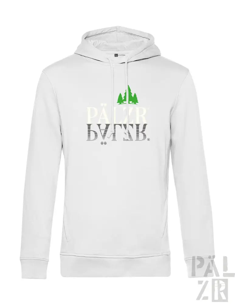 Weiße Hoodie mit grünem Baum-Design und Text „pälzer“ auf der Vorderseite.