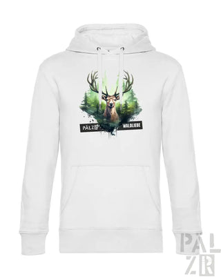 Weißes Hoodie mit Hirsch-Design und ’palzir’-Text auf der Vorderseite.