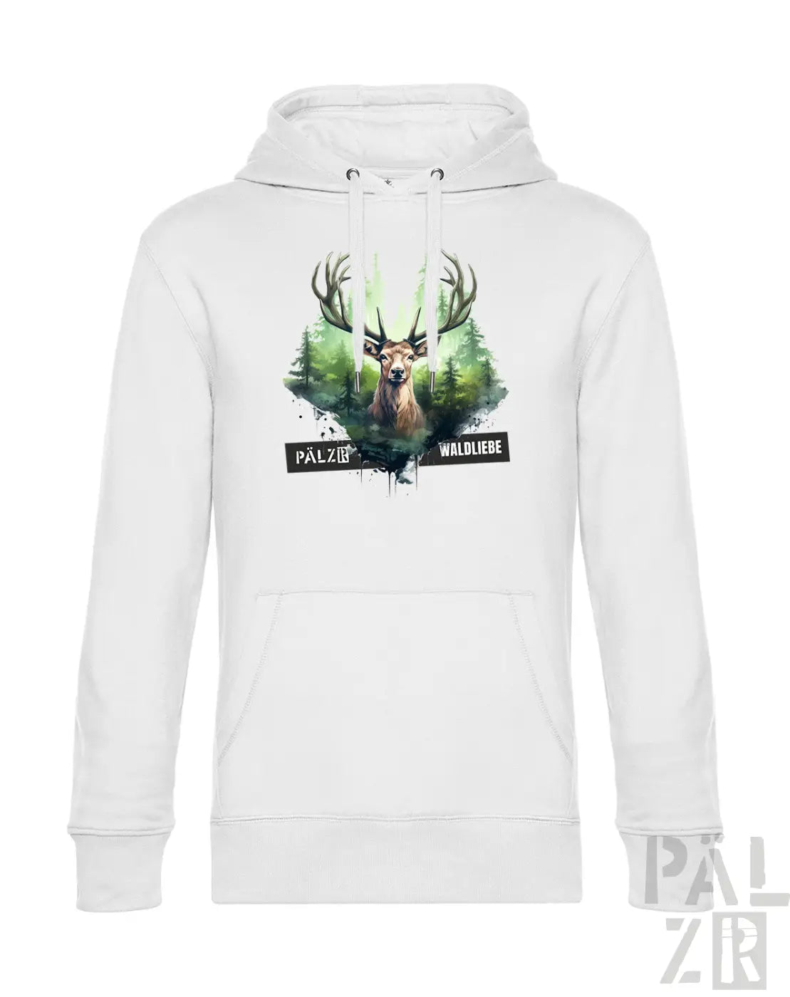 Weißes Hoodie mit Hirsch-Design und ’palzir’-Text auf der Vorderseite.