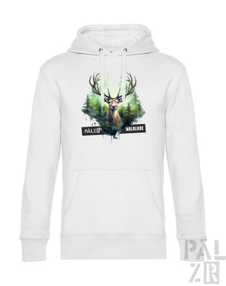 Weißes Hoodie mit Hirsch-Design und ’palzir’-Text auf der Vorderseite.