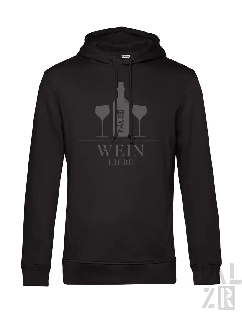 Schwarzer Hoodie mit Weinflasche- und Glas-Design, ’wein liebe’ Text.