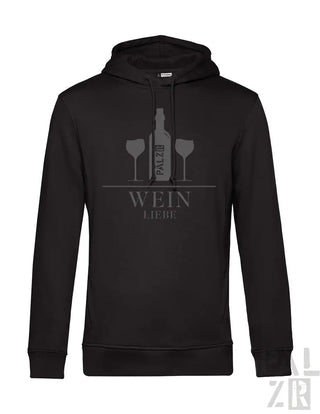 Schwarzer Hoodie mit Weinflasche- und Glas-Design, ’wein liebe’ Text.