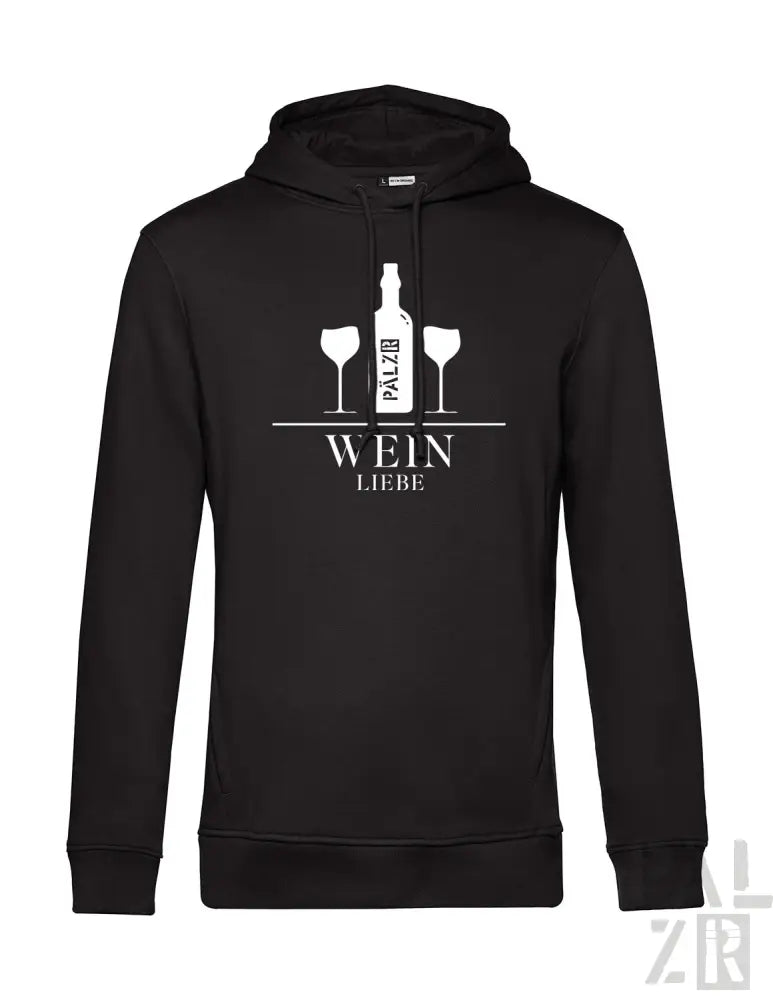 Schwarzes Hoodie mit weißem Wein-Themen-Grafikdesign, das eine Flasche und zwei Gläser zeigt.