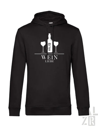 Schwarzes Hoodie mit weißem Wein-Themen-Grafikdesign, das eine Flasche und zwei Gläser zeigt.
