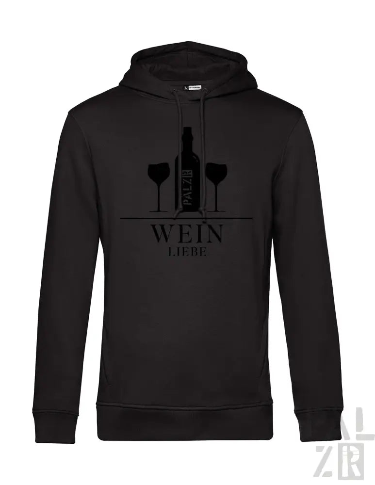 Schwarzer Hoodie mit Weinflasche- und Gläser-Design, ’wein’ Text in Weiß.