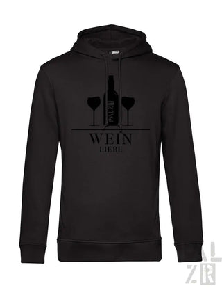 Schwarzer Hoodie mit Weinflasche- und Gläser-Design, ’wein’ Text in Weiß.