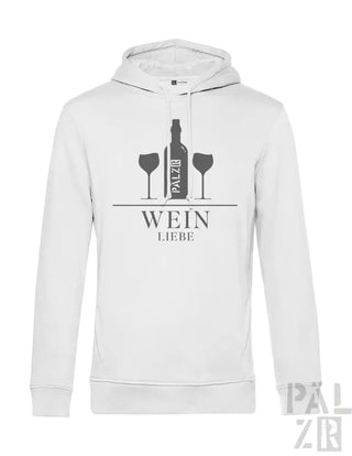 Weißes Hoodie mit ’wein liebe’-Design und Weinflaschen-Grafik.