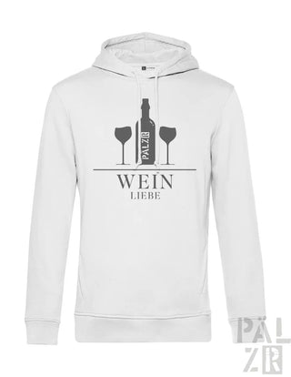 Weißes Hoodie mit ’wein liebe’-Design und Weinflaschen-Grafik.