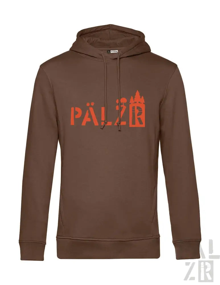 Braune Kapuzenjacke mit ’pälzb’-Logo in orange-schwarzem Design, aus Baumwolle.