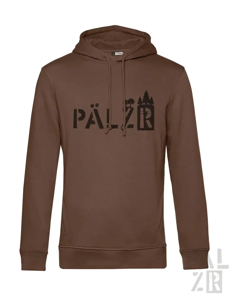 Braune Kapuzenjacke mit ‚pälzr‘-Design und Schloss-Silhouette, aus Baumwolle.