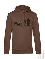 Braune Kapuzenjacke mit ‚pälzr‘-Design und Schloss-Silhouette, aus Baumwolle.