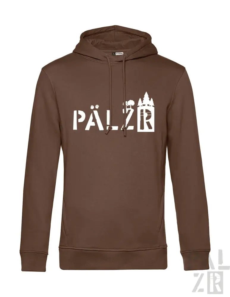 Braune Kapuzenjacke mit ’pälzr’-Design und Schlosssilhouette, aus Baumwolle gefertigt.