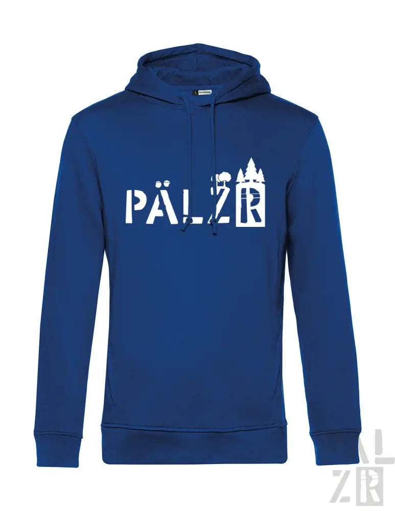 Königsblaues Hoodie mit ’pälzr’-Design und Schloss-Silhouette, aus weichem Baumwollmischgewebe.