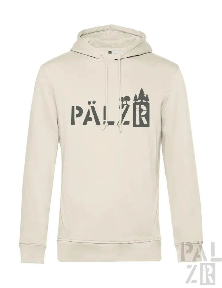 Cremeweiße Kapuzenjacke mit schwarzem Text und Design, das die Marke „pälzr“ in einer fetten Schrift zeigt.