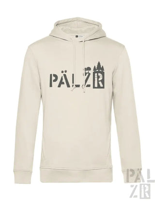 Cremeweiße Kapuzenjacke mit schwarzem Text und Design, das die Marke „pälzr“ in einer fetten Schrift zeigt.