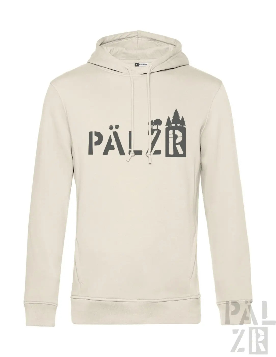 Cremeweiße Kapuzenjacke mit schwarzem Text und Design, das die Marke „pälzr“ in einer fetten Schrift zeigt.