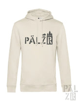 Cremeweiße Kapuzenjacke mit schwarzem Text und Design, das die Marke „pälzr“ in einer fetten Schrift zeigt.